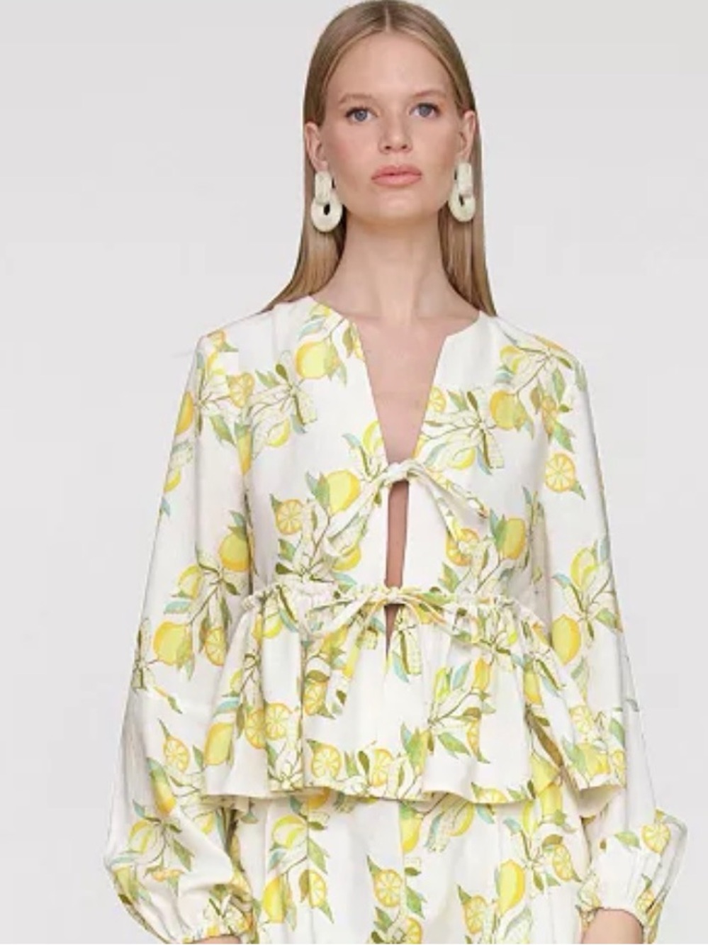 Avec Les Filles White Lemon-Print Tie-Front Peplum Blouse NWT size XL